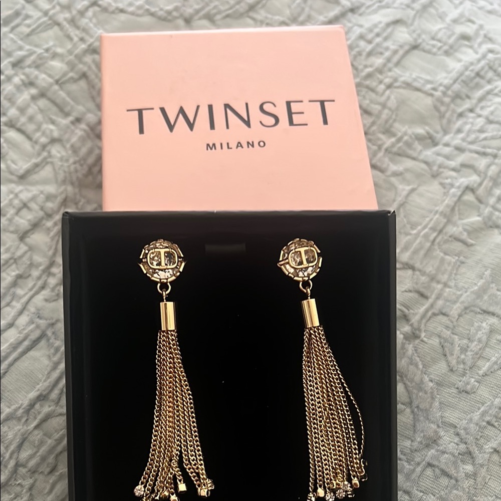 Gold Tassel Earrings with Crystal Studs by